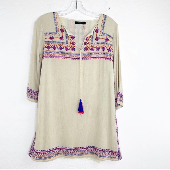 THML Cream Crinkle Gauze Embroidered Boho Lined Mini Dress S